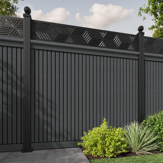 Virtis Cubed Fence Panel - Dark Grey - with our aluminium posts