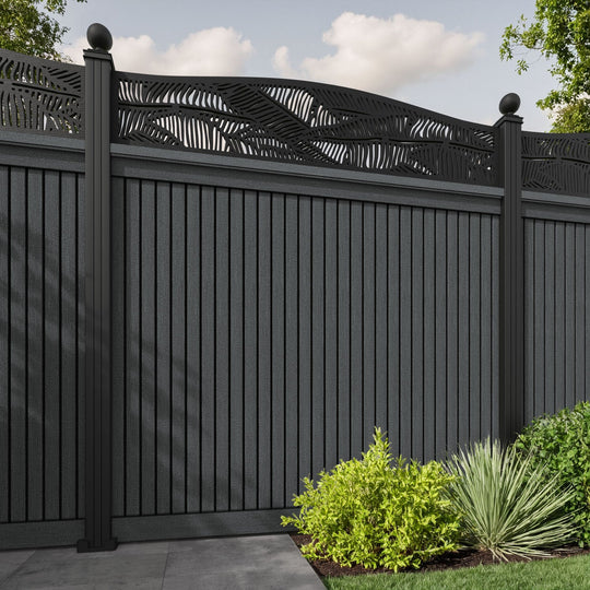 Virtis Feather Curved Top Fence Panel - Dark Grey - with our aluminium posts