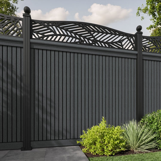 Virtis Habitat Curved Top Fence Panel - Dark Grey - with our aluminium posts