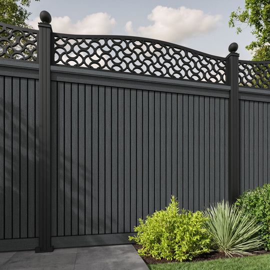 Virtis Vida Curved Top Fence Panel - Dark Grey - with our aluminium posts