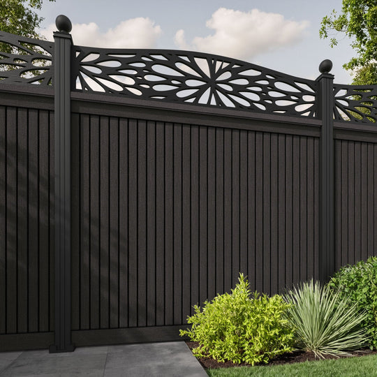 Virtis Blossom Curved Top Fence Panel - Dark Oak - with our aluminium posts