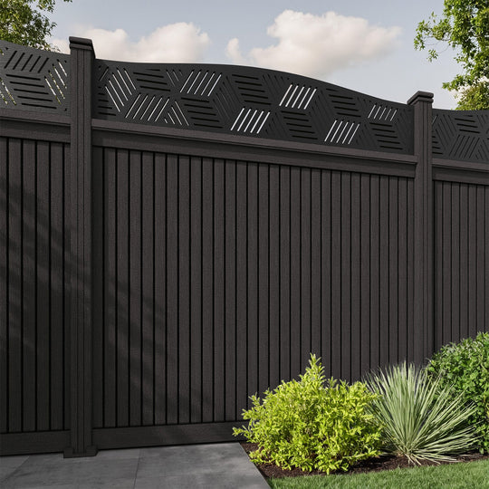 Virtis Cubed Curved Top Fence Panel - Dark Oak - with our composite posts