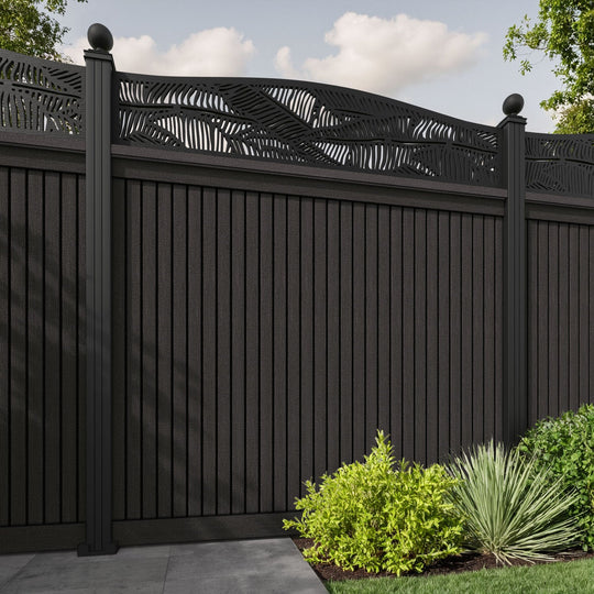 Virtis Feather Curved Top Fence Panel - Dark Oak - with our aluminium posts