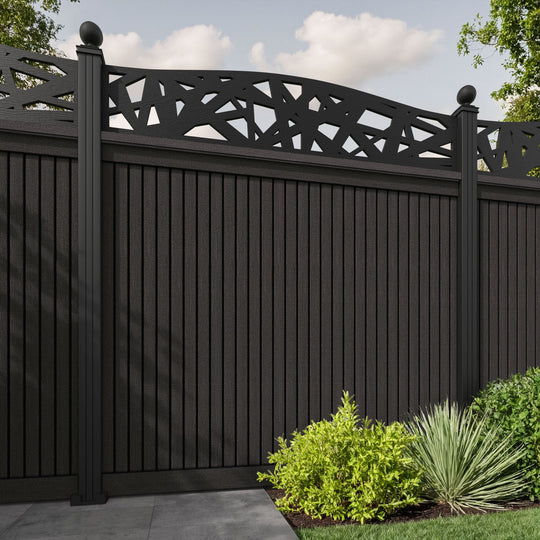 Virtis Prism Curved Top Fence Panel - Dark Oak - with our aluminium posts