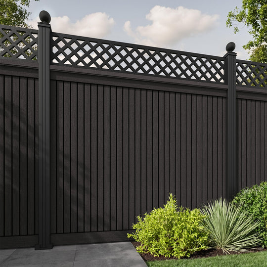 Virtis Hive Fence Panel - Dark Oak - with our aluminium posts