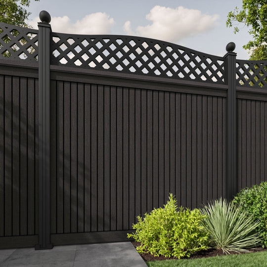 Virtis High Wave Fence Panel - Dark Oak - with our aluminium posts
