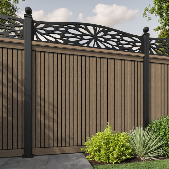 Virtis Blossom Curved Top Fence Panel - Teak - with our aluminium posts