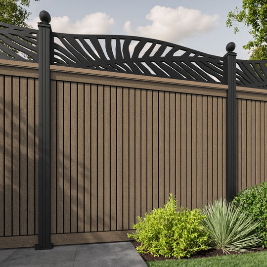 Virtis Palm Curved Top Fence Panel - Teak - with our aluminium posts