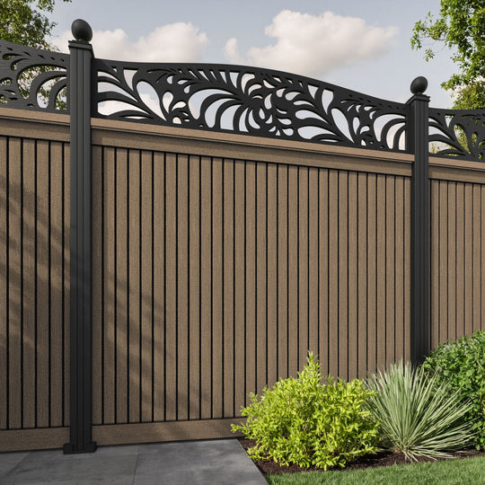 Virtis Petal Curved Top Fence Panel - Teak - with our aluminium posts