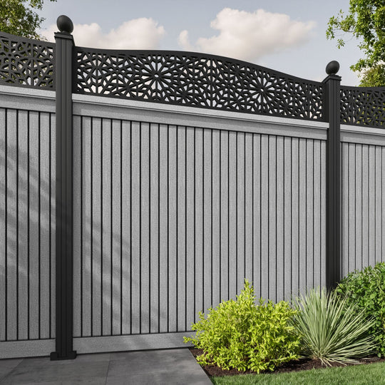 Virtis Alnara Curved Top Fence Panel - Light Grey - with our aluminium posts