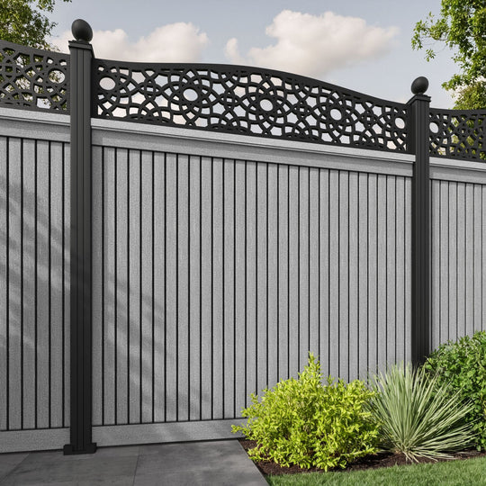 Virtis Ambar Curved Top Fence Panel - Light Grey - with our aluminium posts