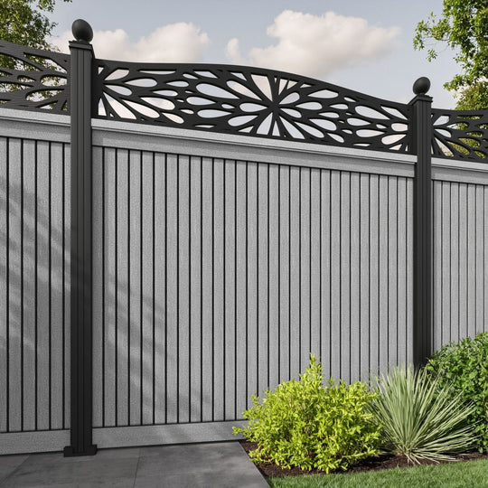 Virtis Blossom Curved Top Fence Panel - Light Grey - with our aluminium posts