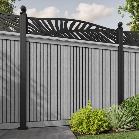 Virtis Palm Curved Top Fence Panel - Light Grey - with our aluminium posts