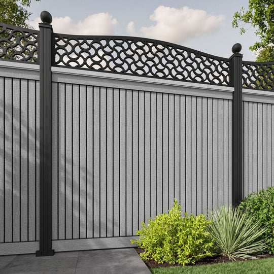 Virtis Vida Curved Top Fence Panel - Light Grey - with our aluminium posts