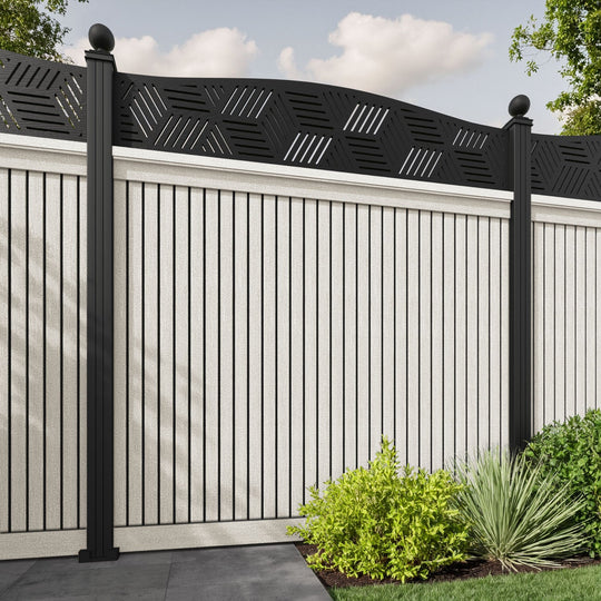 Virtis Cubed Curved Top Fence Panel - Light Stone - with our aluminium posts