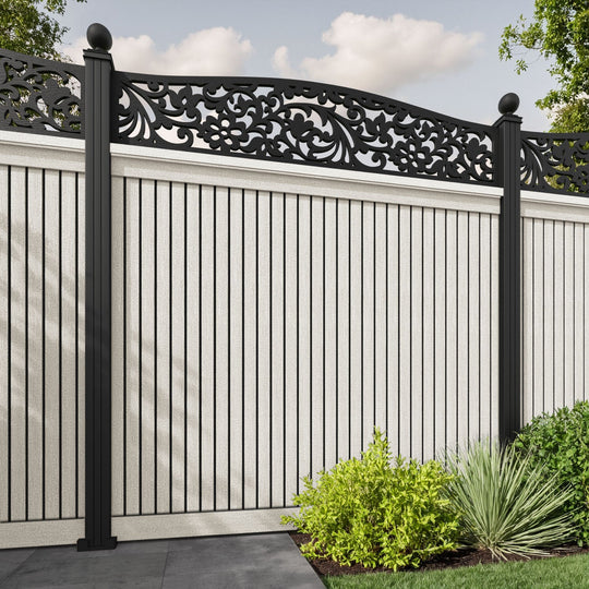 Virtis Eden Curved Top Fence Panel - Light Stone - with our aluminium posts