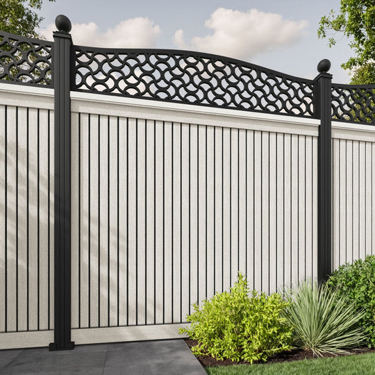 Virtis Vida Curved Top Fence Panel - Light Stone - with our aluminium posts