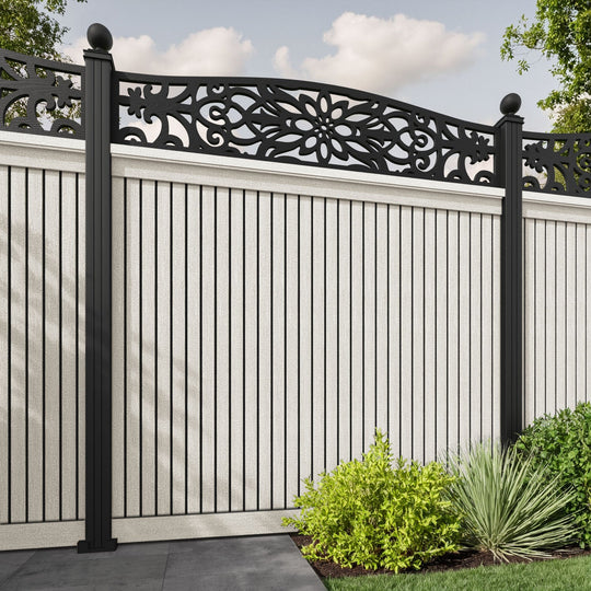 Virtis Windsor Curved Top Fence Panel - Light Stone - with our aluminium posts