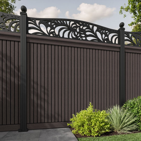 Virtis Petal Curved Top Fence Panel - Mid Brown - with our aluminium posts