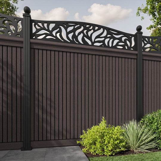 Virtis Plume Curved Top Fence Panel - Mid Brown - with our aluminium posts