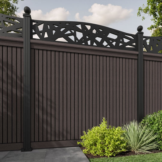 Virtis Prism Curved Top Fence Panel - Mid Brown - with our aluminium posts