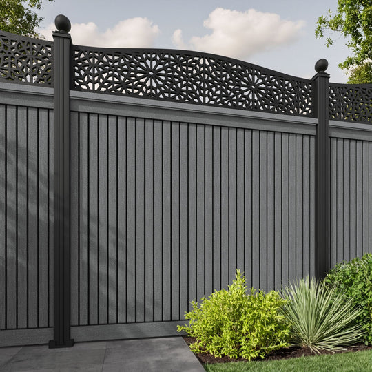 Virtis Alnara Curved Top Fence Panel - Mid Grey - with our aluminium posts