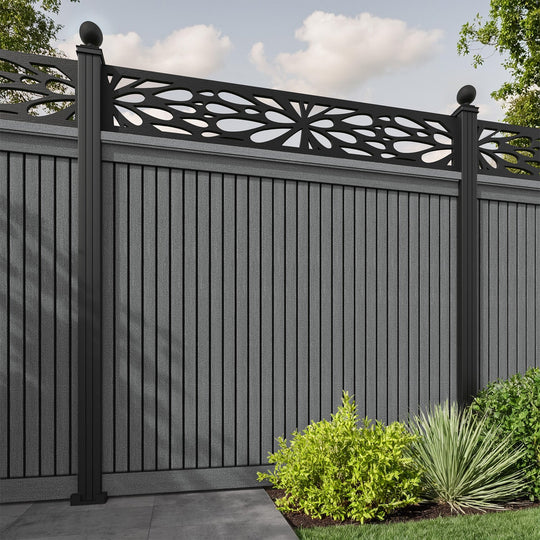 Virtis Blossom Fence Panel - Mid Grey - with our aluminium posts