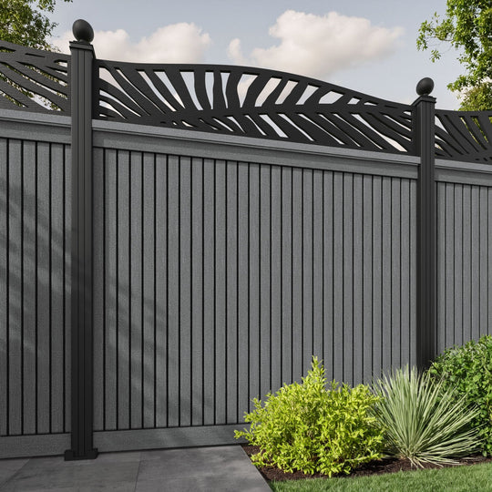 Virtis Palm Curved Top Fence Panel - Mid Grey - with our aluminium posts