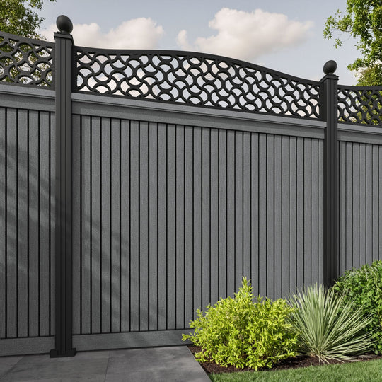 Virtis Vida Curved Top Fence Panel - Mid Grey - with our aluminium posts