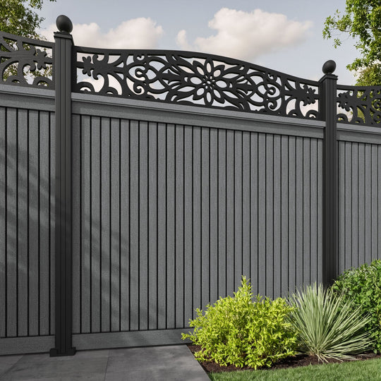 Virtis Windsor Curved Top Fence Panel - Mid Grey - with our aluminium posts