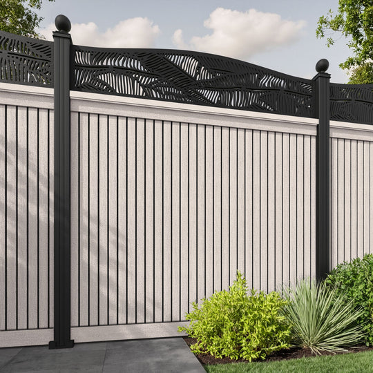 Virtis Feather Curved Top Fence Panel - Mid Stone - with our aluminium posts
