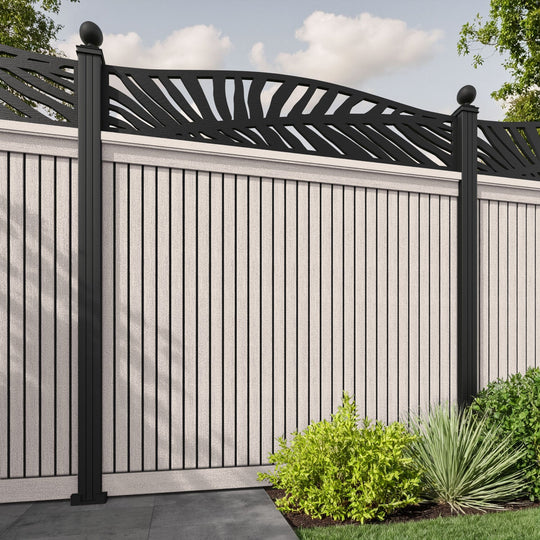 Virtis Palm Curved Top Fence Panel - Mid Stone - with our aluminium posts