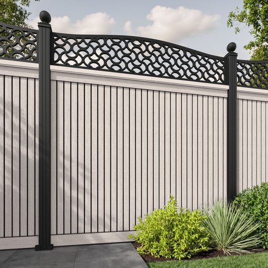 Virtis Vida Curved Top Fence Panel - Mid Stone - with our aluminium posts