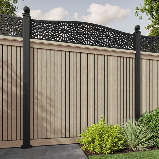 Virtis Alnara Curved Top Fence Panel - Light Oak - with our aluminium posts