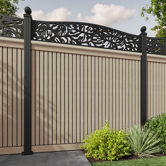 Virtis Botanic Curved Top Fence Panel - Light Oak - with our aluminium posts