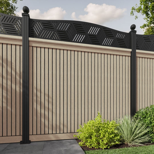 Virtis Cubed Curved Top Fence Panel - Light Oak - with our aluminium posts