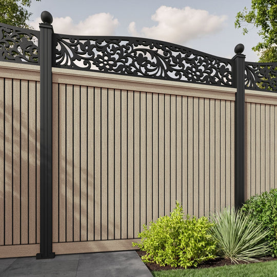 Virtis Eden Curved Top Fence Panel - Light Oak - with our aluminium posts