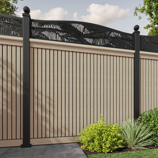 Virtis Feather Curved Top Fence Panel - Light Oak - with our aluminium posts