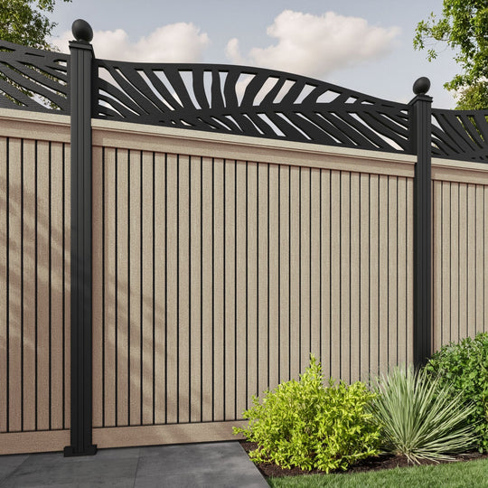 Virtis Palm Curved Top Fence Panel - Light Oak - with our aluminium posts