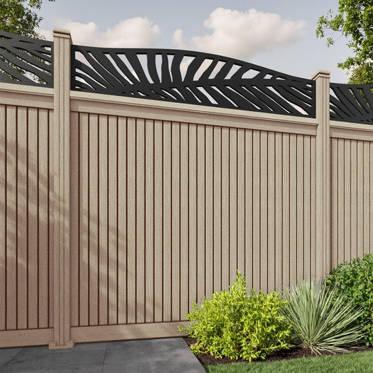 Virtis Palm Curved Top Fence Panel - Light Oak - with our composite posts