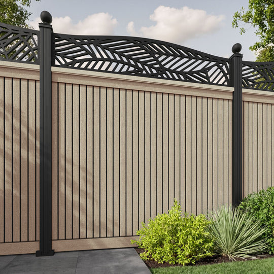 Virtis Habitat Curved Top Fence Panel - Light Oak - with our aluminium posts