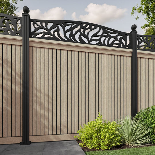 Virtis Plume Curved Top Fence Panel - Light Oak - with our aluminium posts