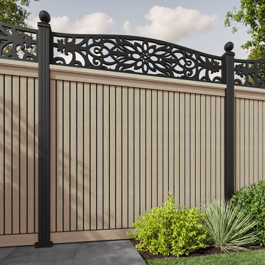 Virtis Windsor Curved Top Fence Panel - Light Oak - with our aluminium posts
