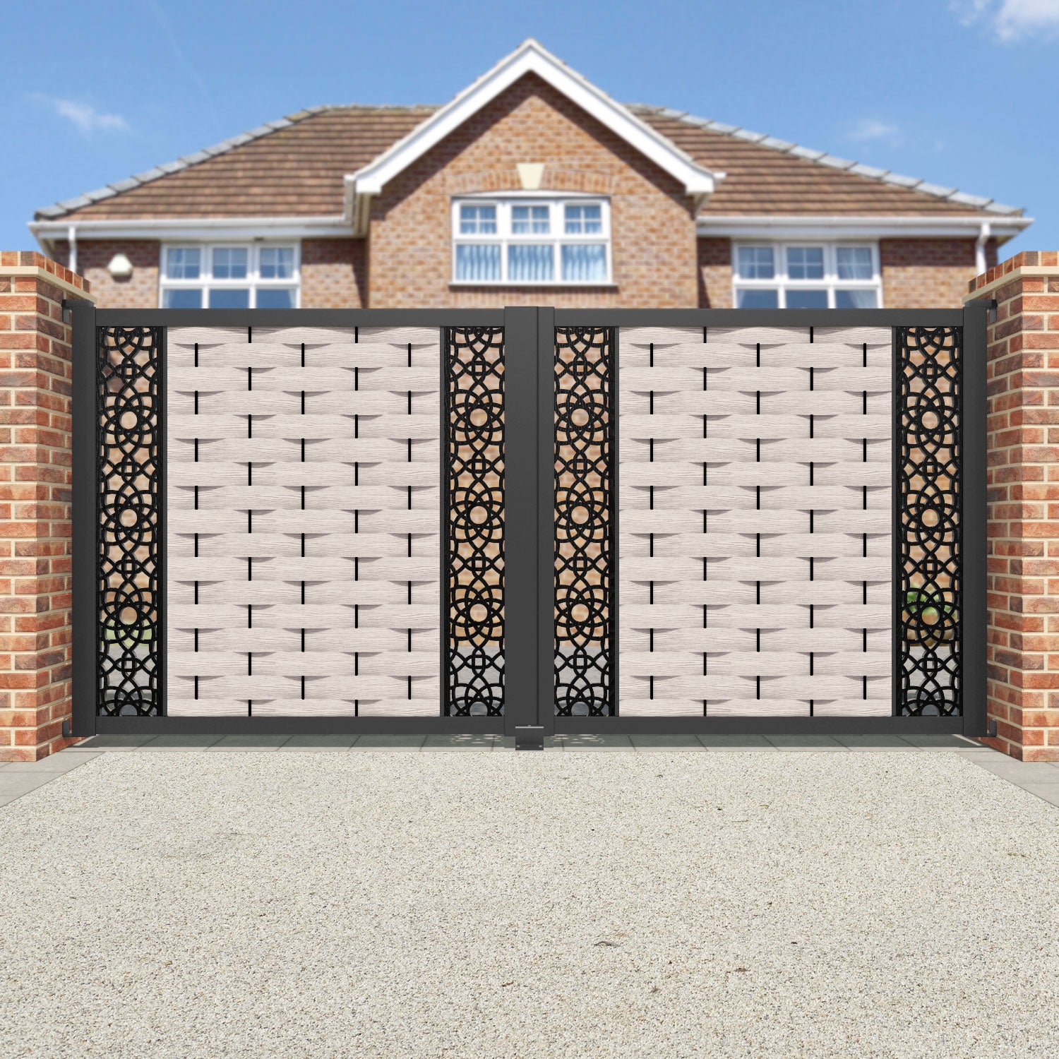 Ripple Ambar Straight Top Driveway Gate - Mid Stone - Middle & End Screen