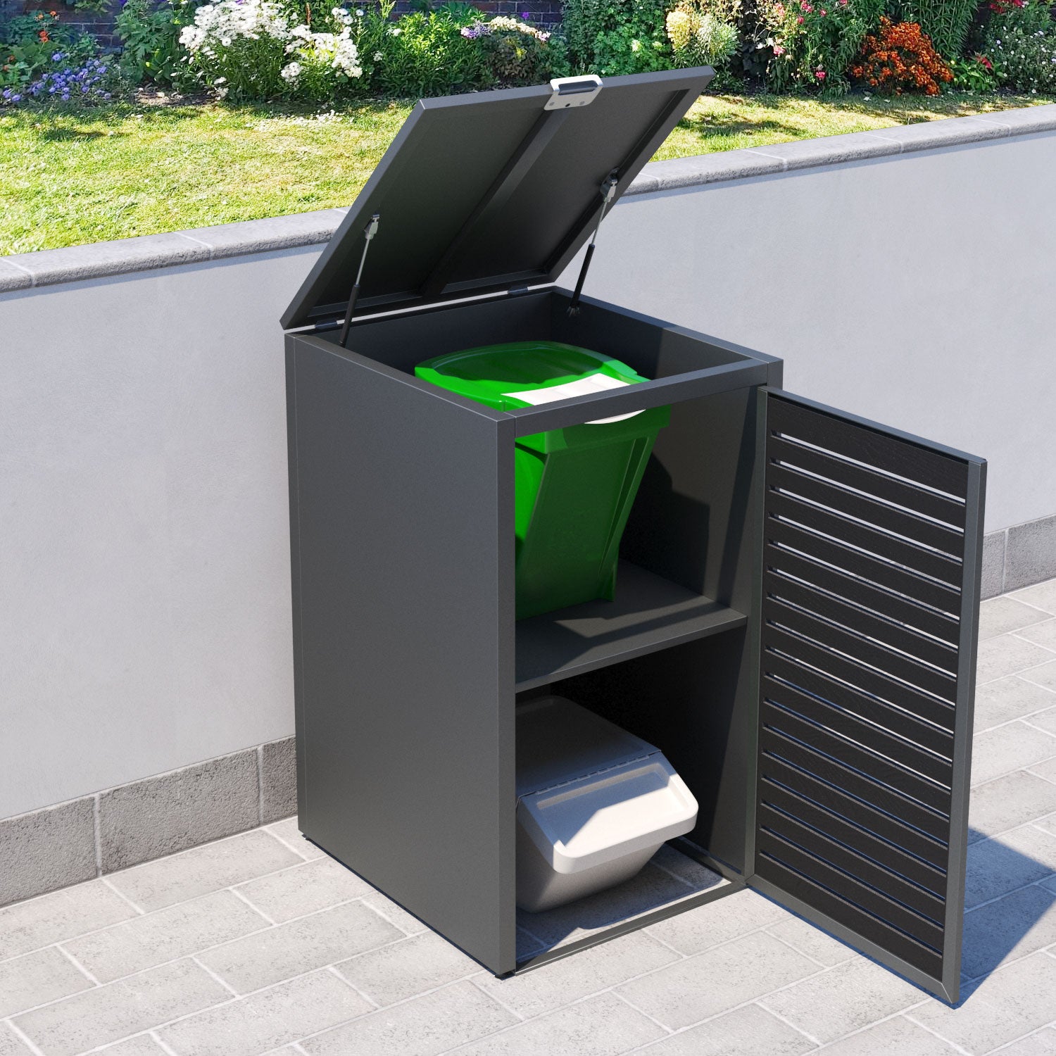 Grey 2 Bin Store with Aspen Door Screen
