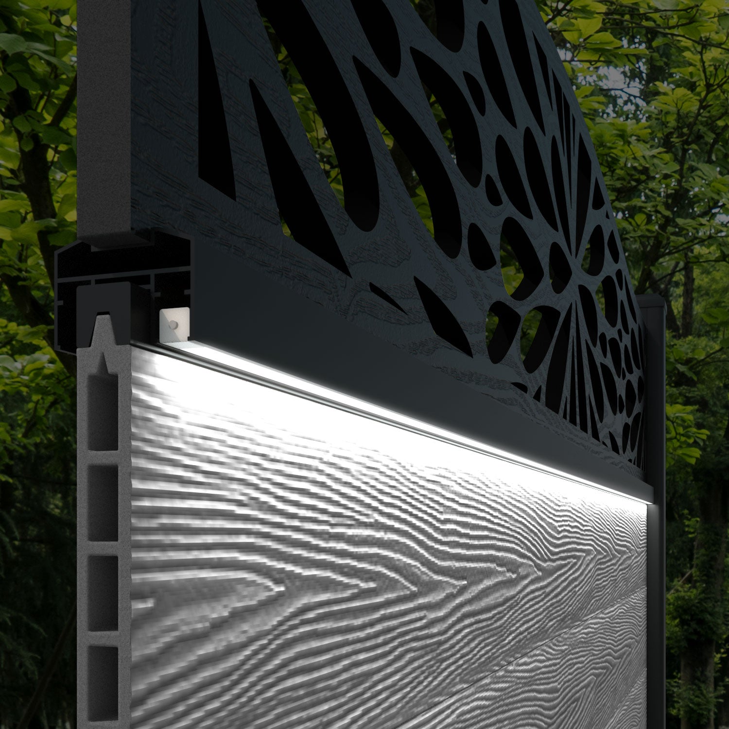 Hudson Blossom Curved Top Fence Panel - Light Stone - with our aluminium posts