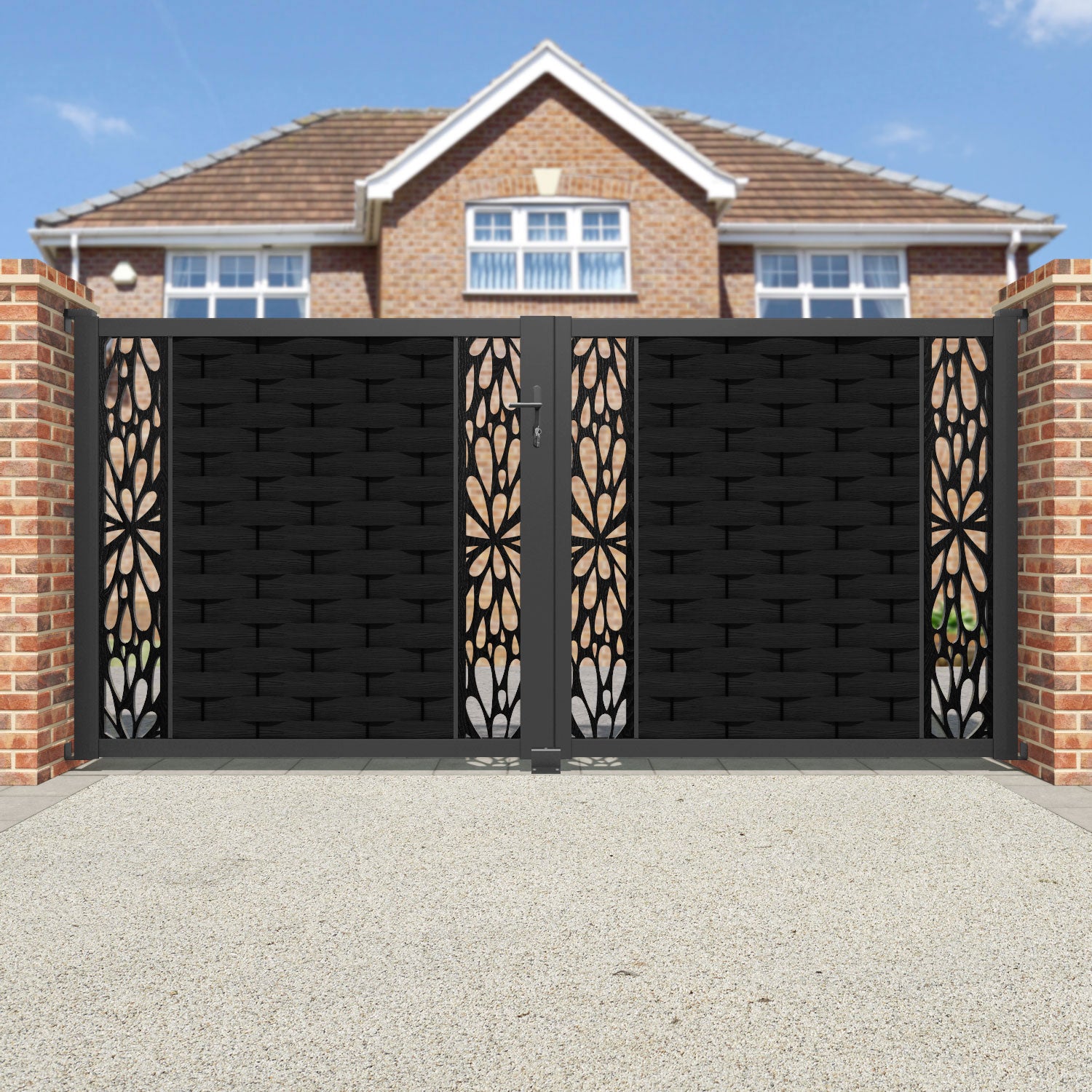 Ripple Blossom Straight Top Driveway Gate - Black - Middle & End Screen