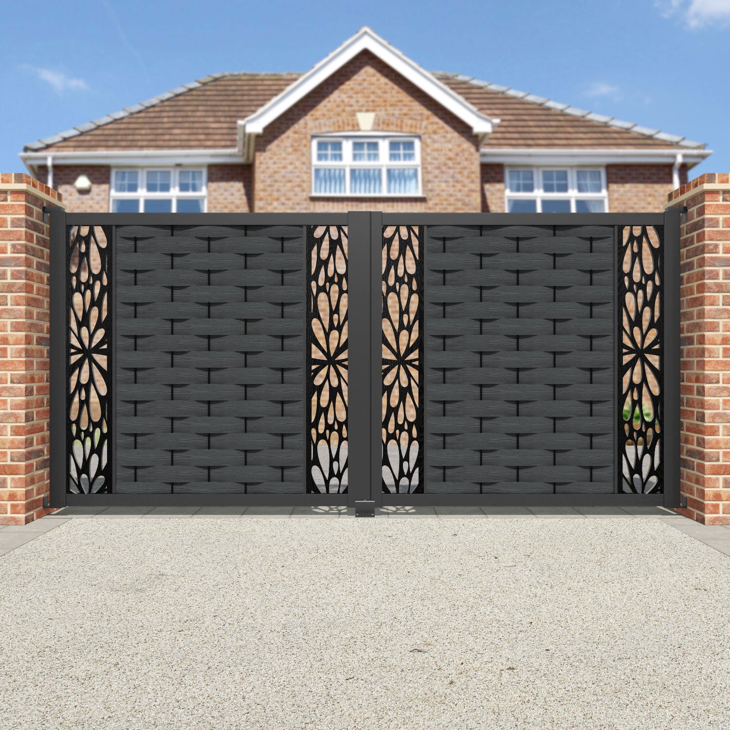 Ripple Blossom Straight Top Driveway Gate - Dark Grey - Middle & End Screen