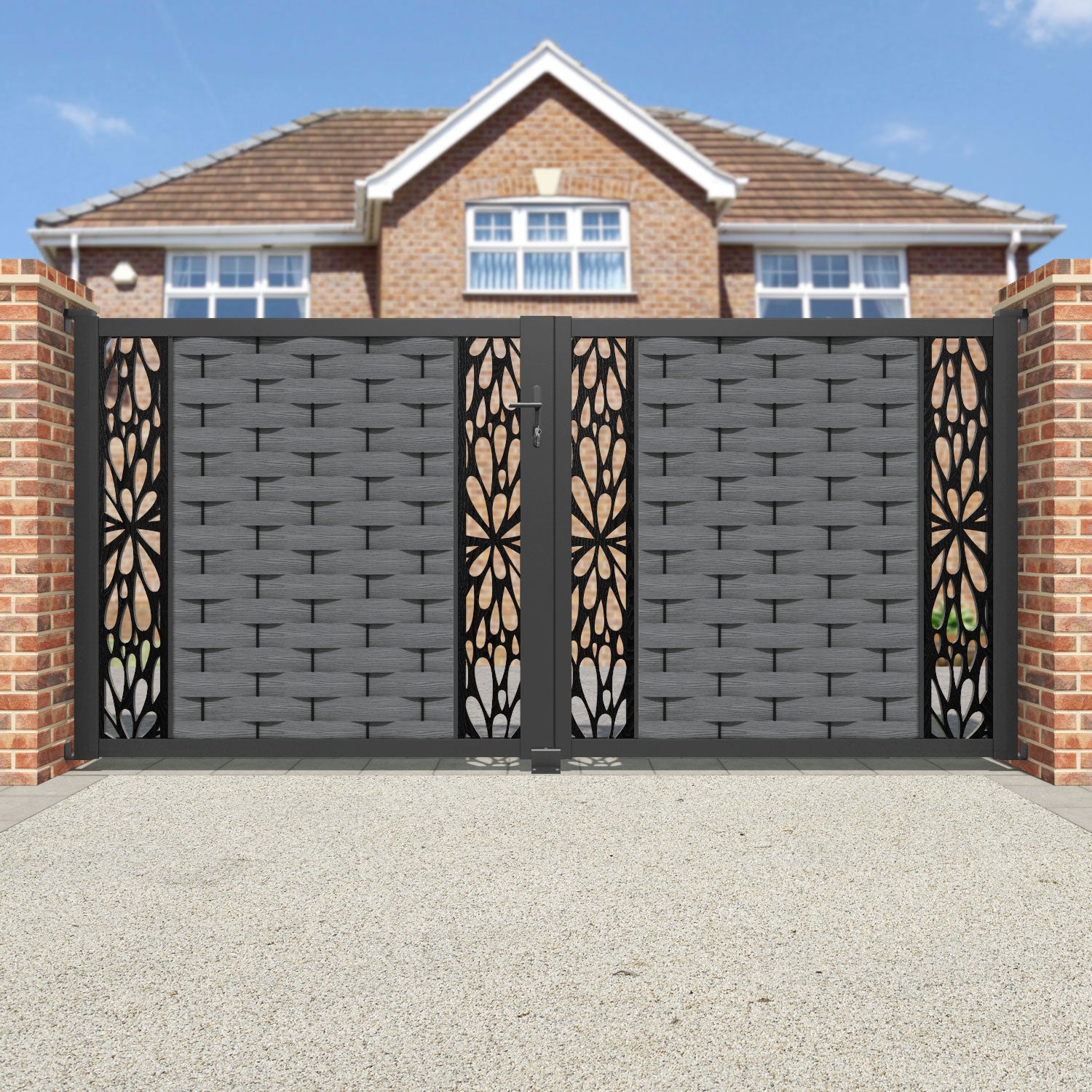 Ripple Blossom Straight Top Driveway Gate - Mid Grey - Middle & End Screen
