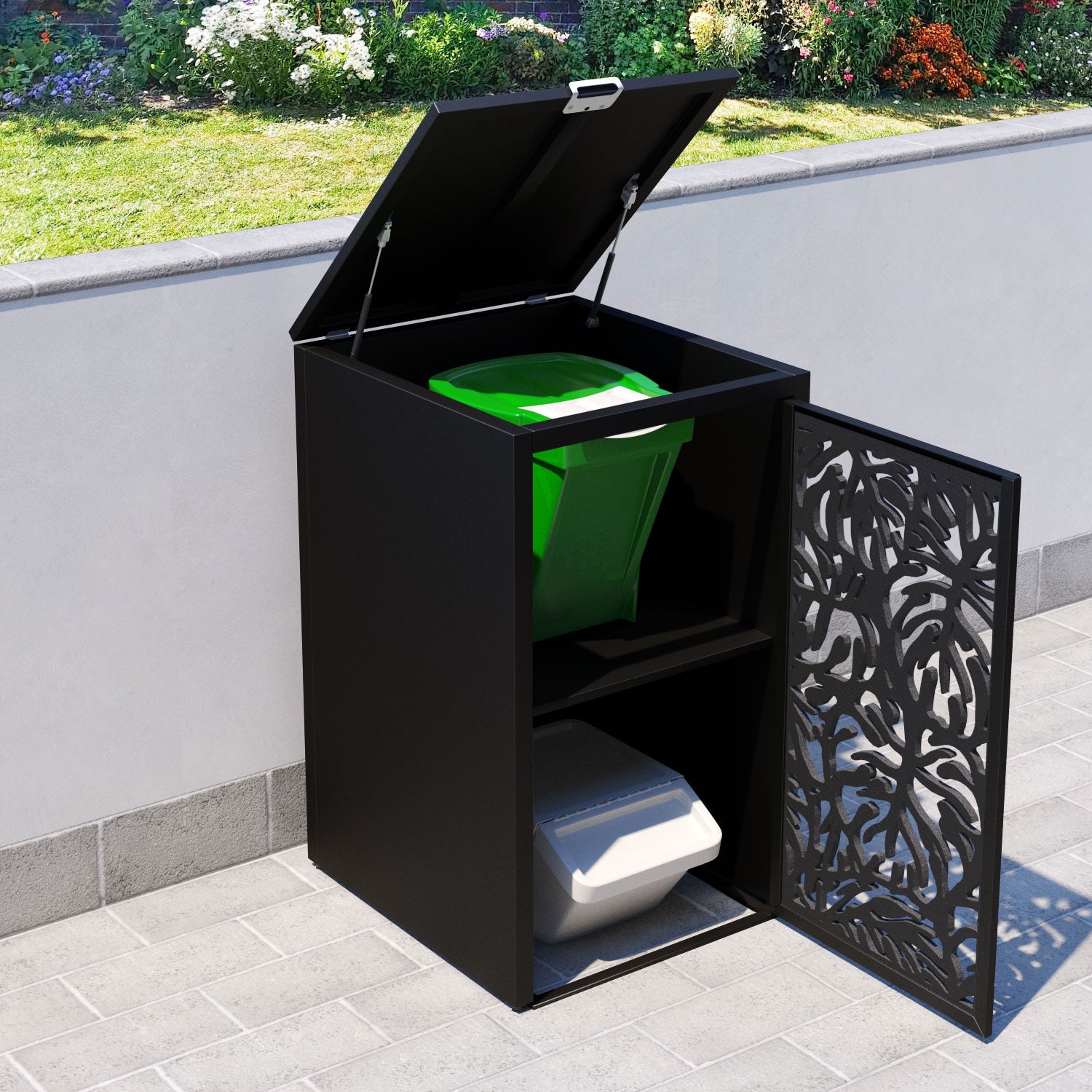 Black 3 Bin Store with Botanic Door Screen